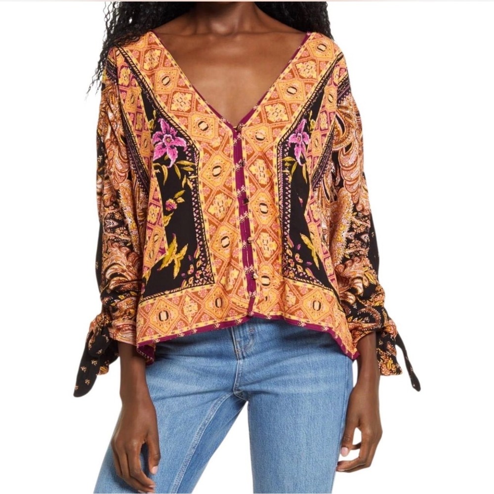 Free People Catch Me If You Can Top Orange Paisley Cropped Boho Blouse Medium